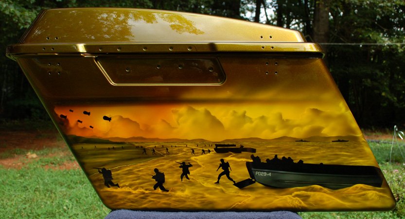 D-Day beach landing airbrushed on custom painted Army green candy paint.