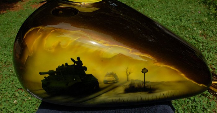 Sherman Tank Scene from Battle of the Bulge airbrushed on custom painted Army green candy paint.