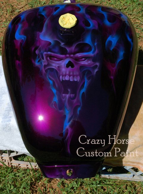 Candy Purple Basecoat with purple and blue real fire flames with a skull.