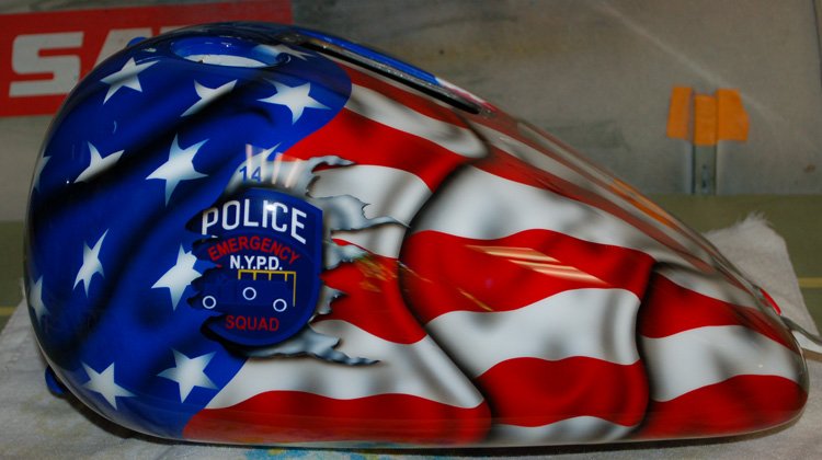 9-11 Responder/Surviver/Hero American Flag Paint with Patch from his uniform. Thank You Frank!