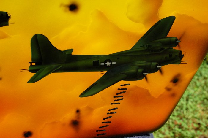 B-17 Dropping Bombs airbrushed on custom painted Army green candy paint.