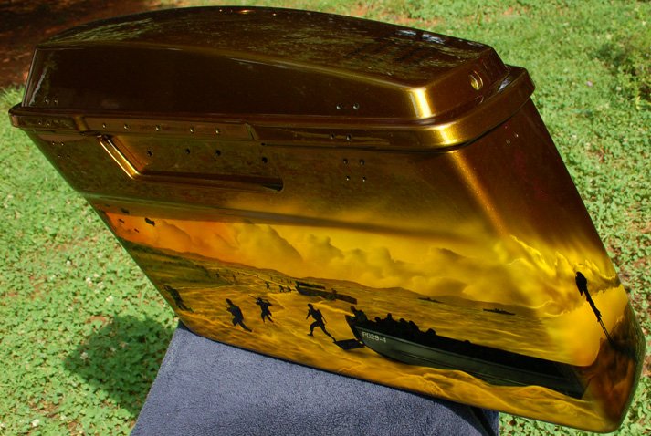 D-Day beach landing scene airbrushed on custom painted Army green candy paint.