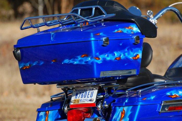 PPG Crystal Blue Pearl Base, Blue Real Fire Flames with Traditional Color Real Fire Flame Licks Throughout.2012 Easyriders Finals Best Paint-Peoples Choice.