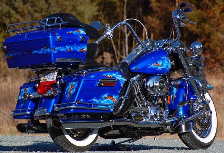 PPG Crystal Blue Pearl Base, Blue Real Fire Flames with Traditional Color Real Fire Flame Licks Throughout.2012 Easyriders Finals Best Paint-Peoples Choice.