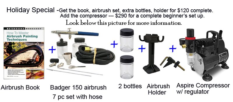 Badger 150 airbrush kit plus How to Master Airbrush Techniques book plus 2 extra bottles plus an airbrush holder plus and Aspire Compressor.