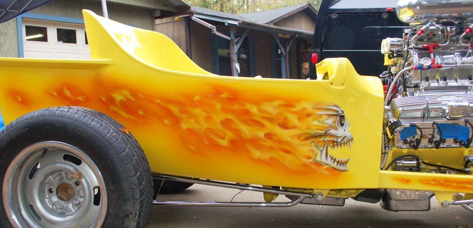 T Bucket with real fire flames with skull