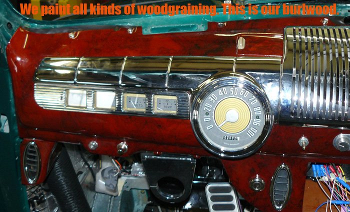 Burlwood finish painted onto the metal dash of this '47 Ford.